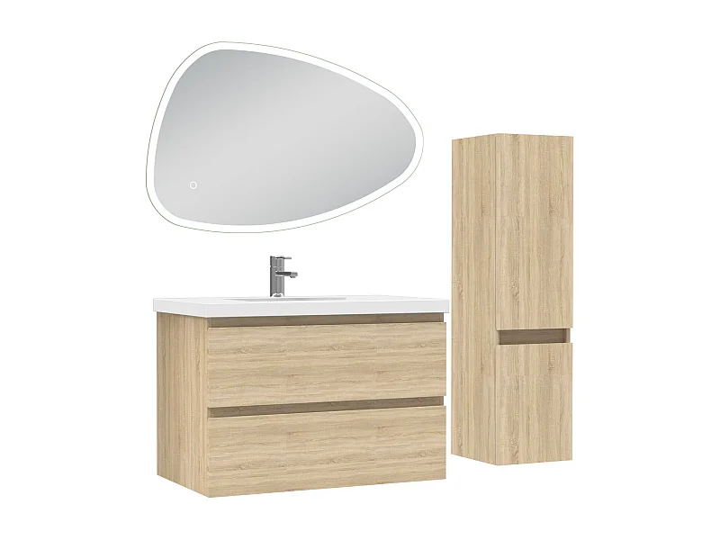 AICA Meuble Salle de Bain 80cm Chêne vasque + colonne + miroir 3 couleurs LED