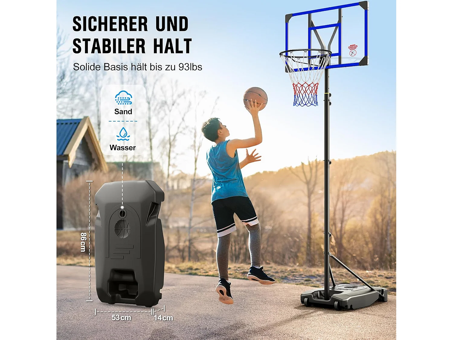 Panier de Basketball Extérieur avec Support, Hauteur Réglable 147-260 cm, Base Élargie et Roues, Usage Intérieur et Extérieur