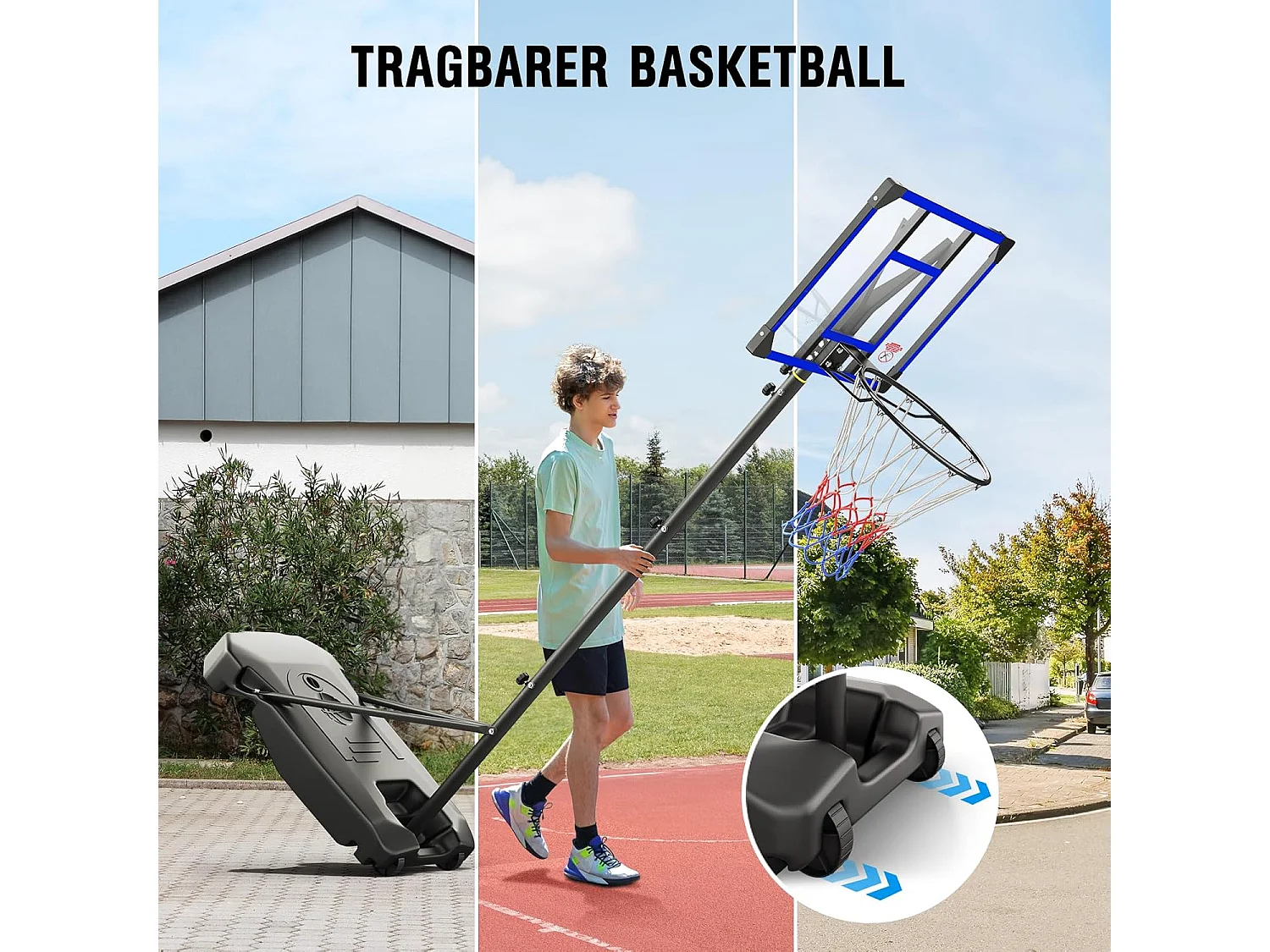 Panier de Basketball Extérieur avec Support, Hauteur Réglable 147-260 cm, Base Élargie et Roues, Usage Intérieur et Extérieur