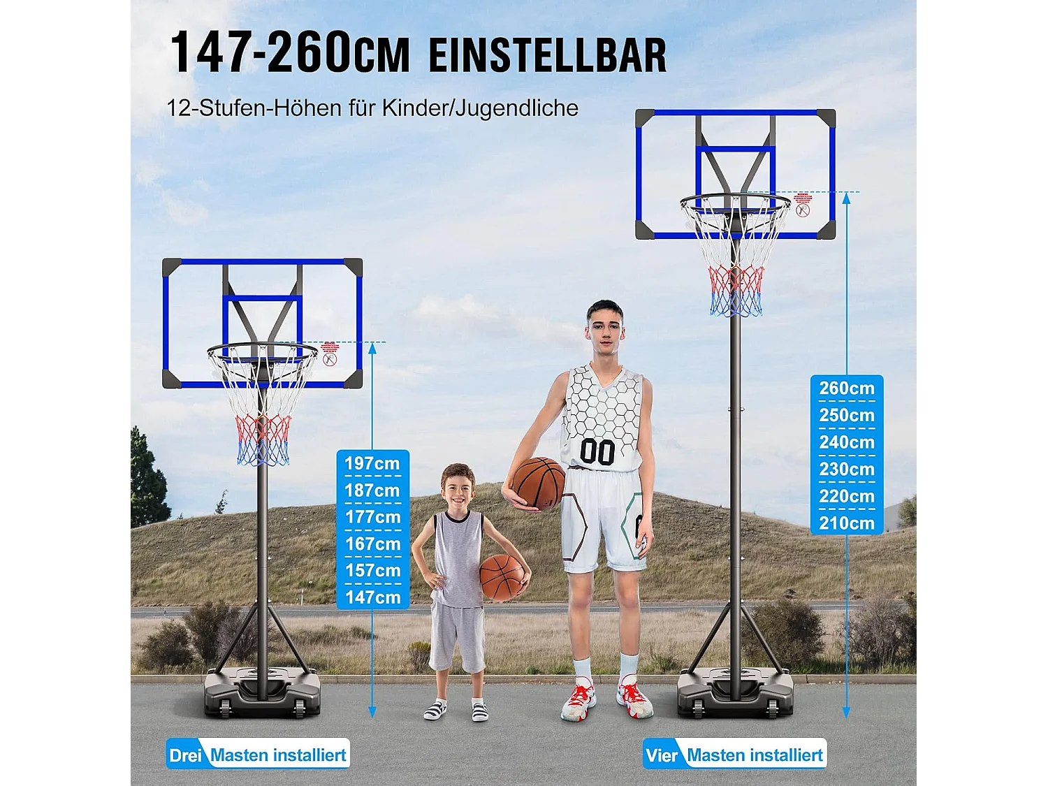 Panier de Basketball Extérieur avec Support, Hauteur Réglable 147-260 cm, Base Élargie et Roues, Usage Intérieur et Extérieur