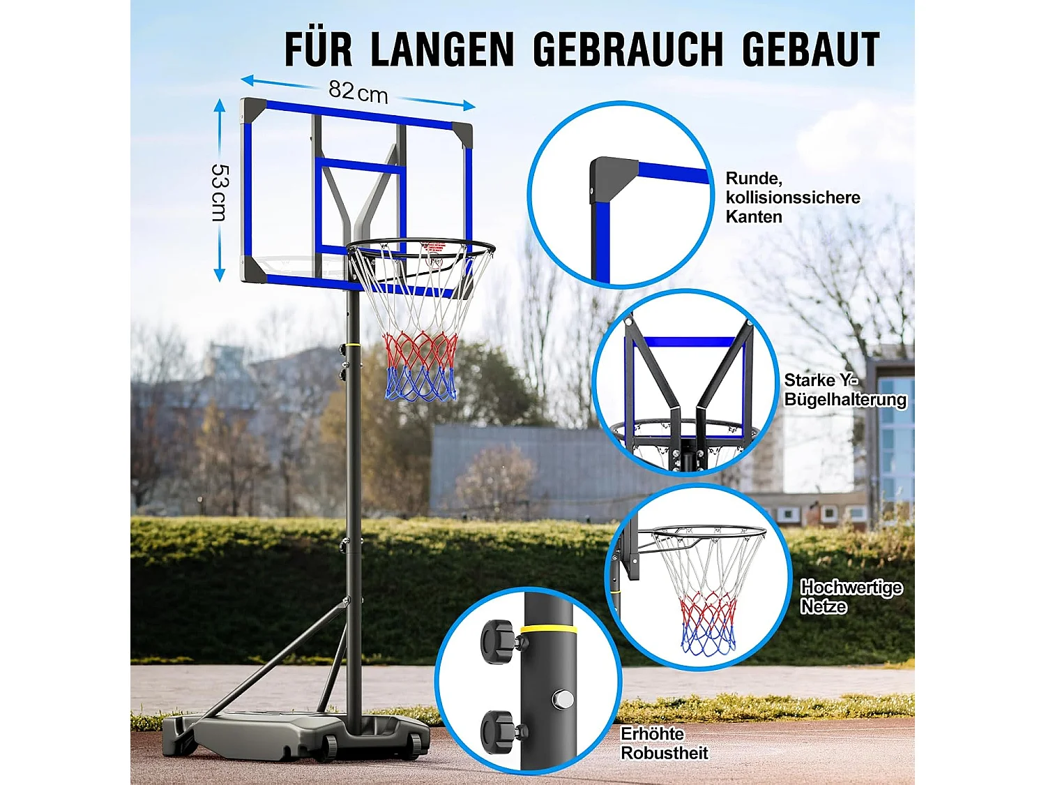 Panier de Basketball Extérieur avec Support, Hauteur Réglable 147-260 cm, Base Élargie et Roues, Usage Intérieur et Extérieur