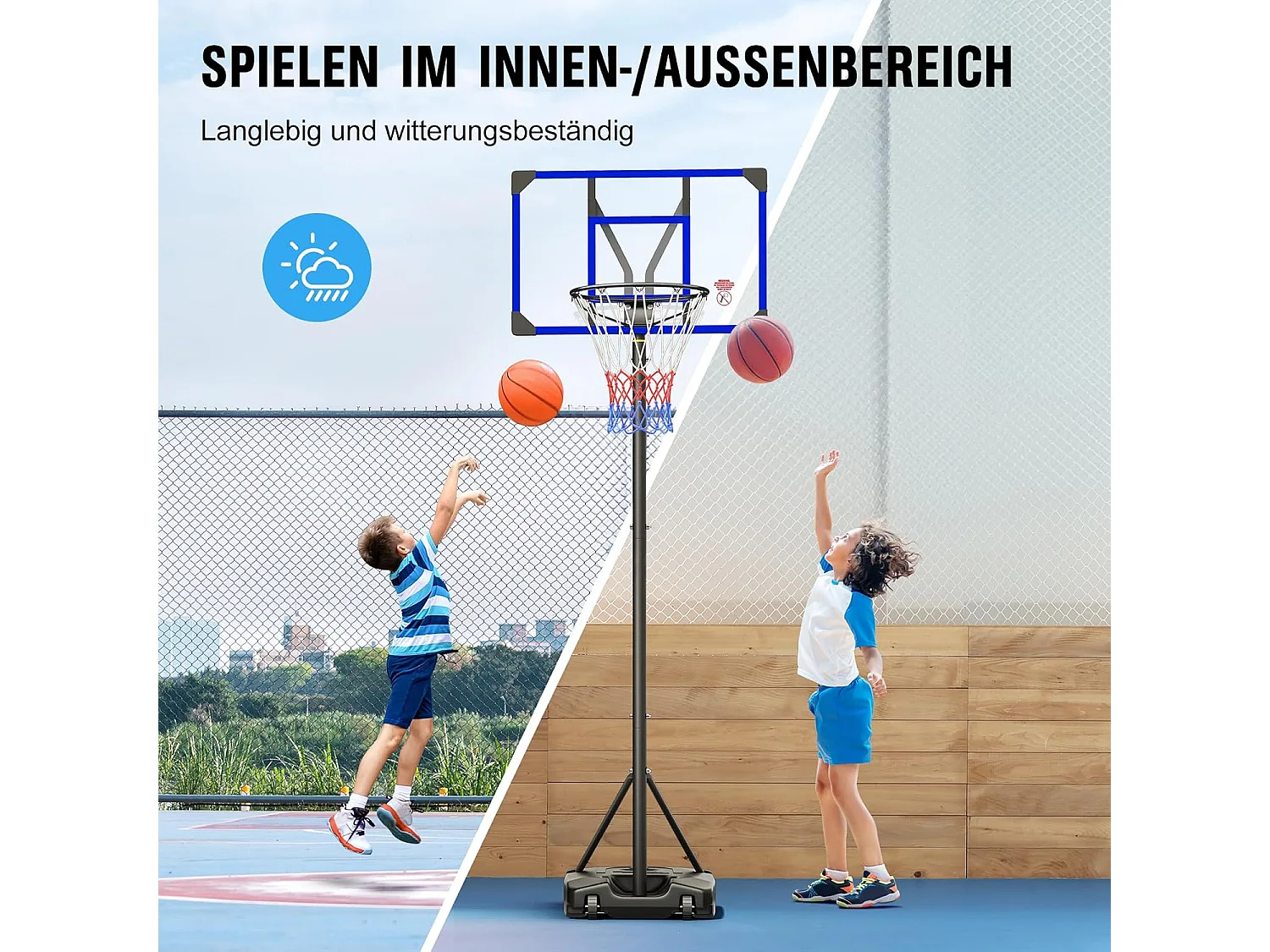 Panier de Basketball Extérieur avec Support, Hauteur Réglable 147-260 cm, Base Élargie et Roues, Usage Intérieur et Extérieur