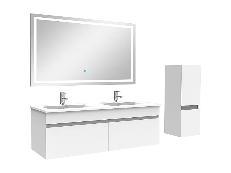 AICA Meuble Salle de Bain 120cm Blanc + vasque + miroir lumineux + colonne