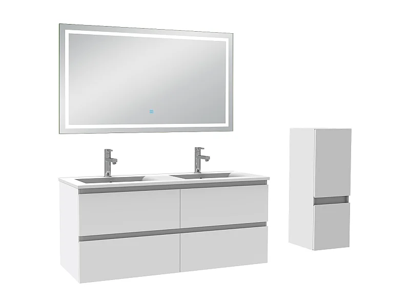 AICA Meuble Salle de Bain Blanc 120cm vasque + suspendu colonne + miroir LED