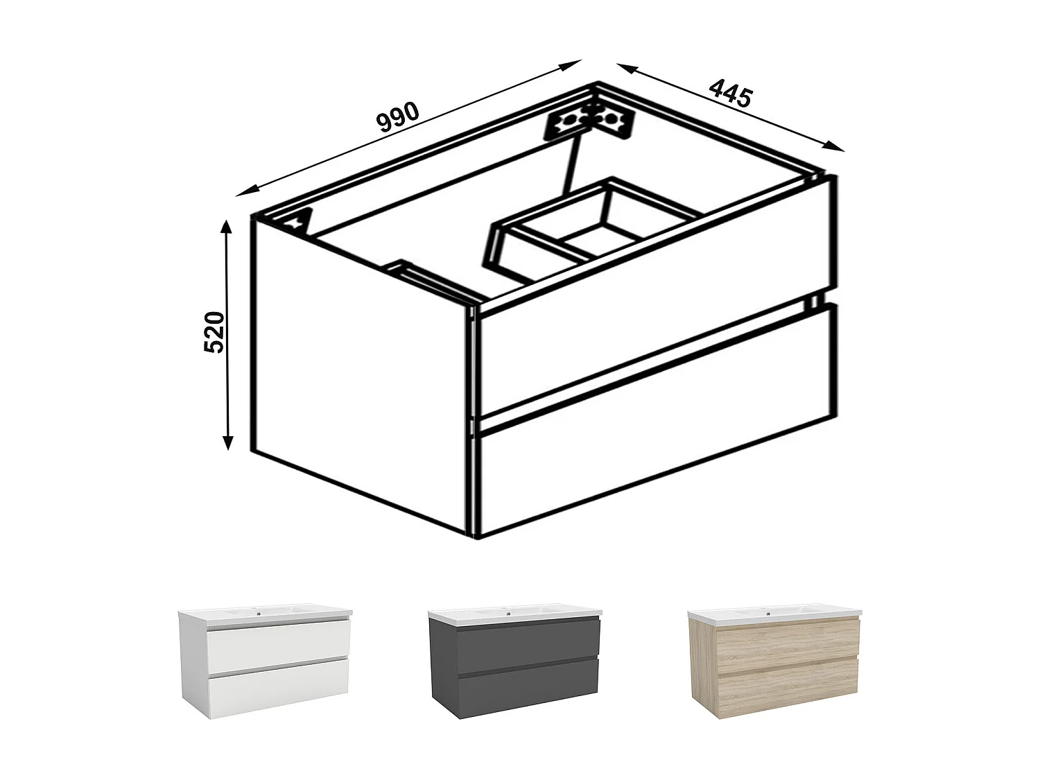 AICA Meuble Salle de Bain Anthracite 100cm, suspendu avec 2 tiroirs, sans compter vasque