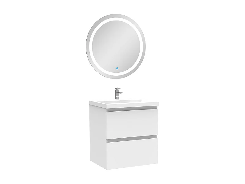 AICA Meuble Salle de Bain 50cm Blanc simple vasque + Miroir Lumineux Rond