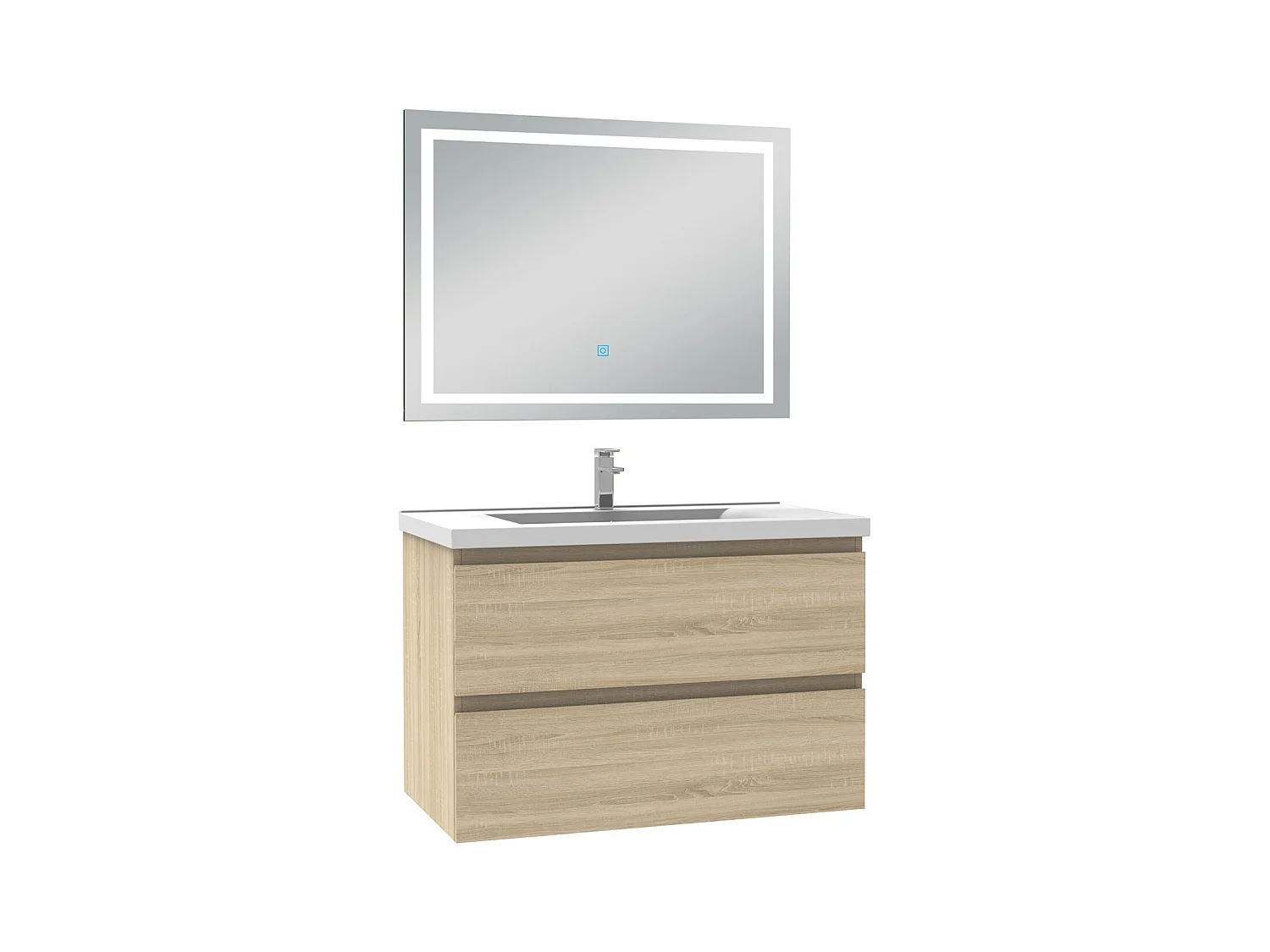 AICA Meuble Salle de Bain 80cm Chêne simple vasque + Miroir LED