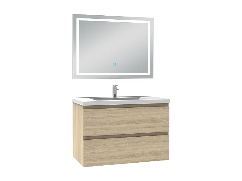 AICA Meuble Salle de Bain 80cm Chêne simple vasque + Miroir LED