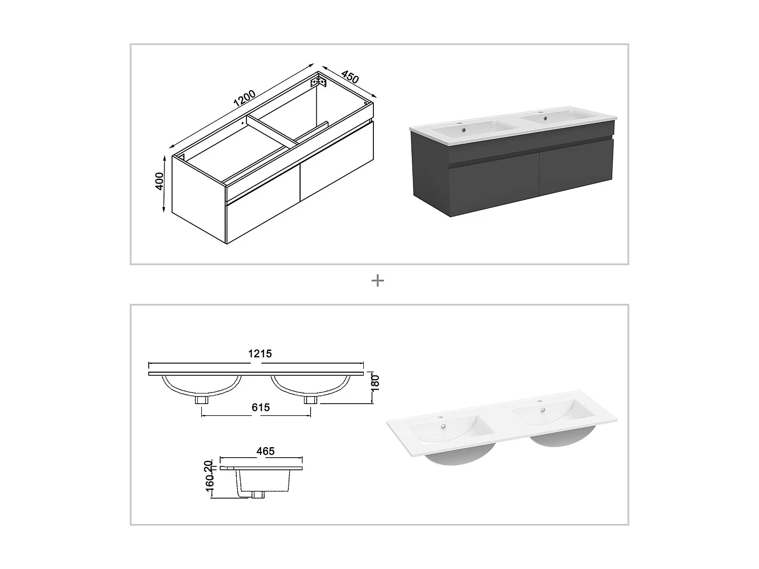 AICA Meuble Salle de Bain 120cm Anthracite + vasque + miroir lumineux + colonne