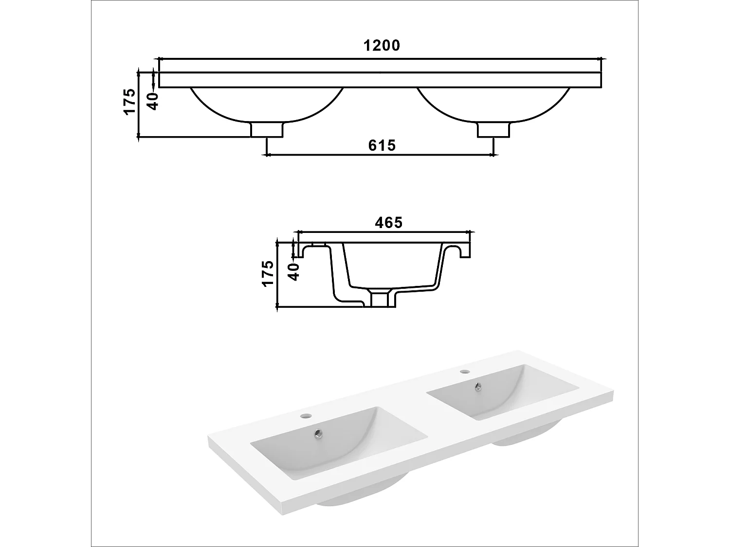 AICA vasque de Salle de bain，Lavabo rectangulaire，avec trou pour robinet et trop-plein, Dimensions : 120 cm (L) x 17.5 cm (H) x 46.5 cm (P), Blanc