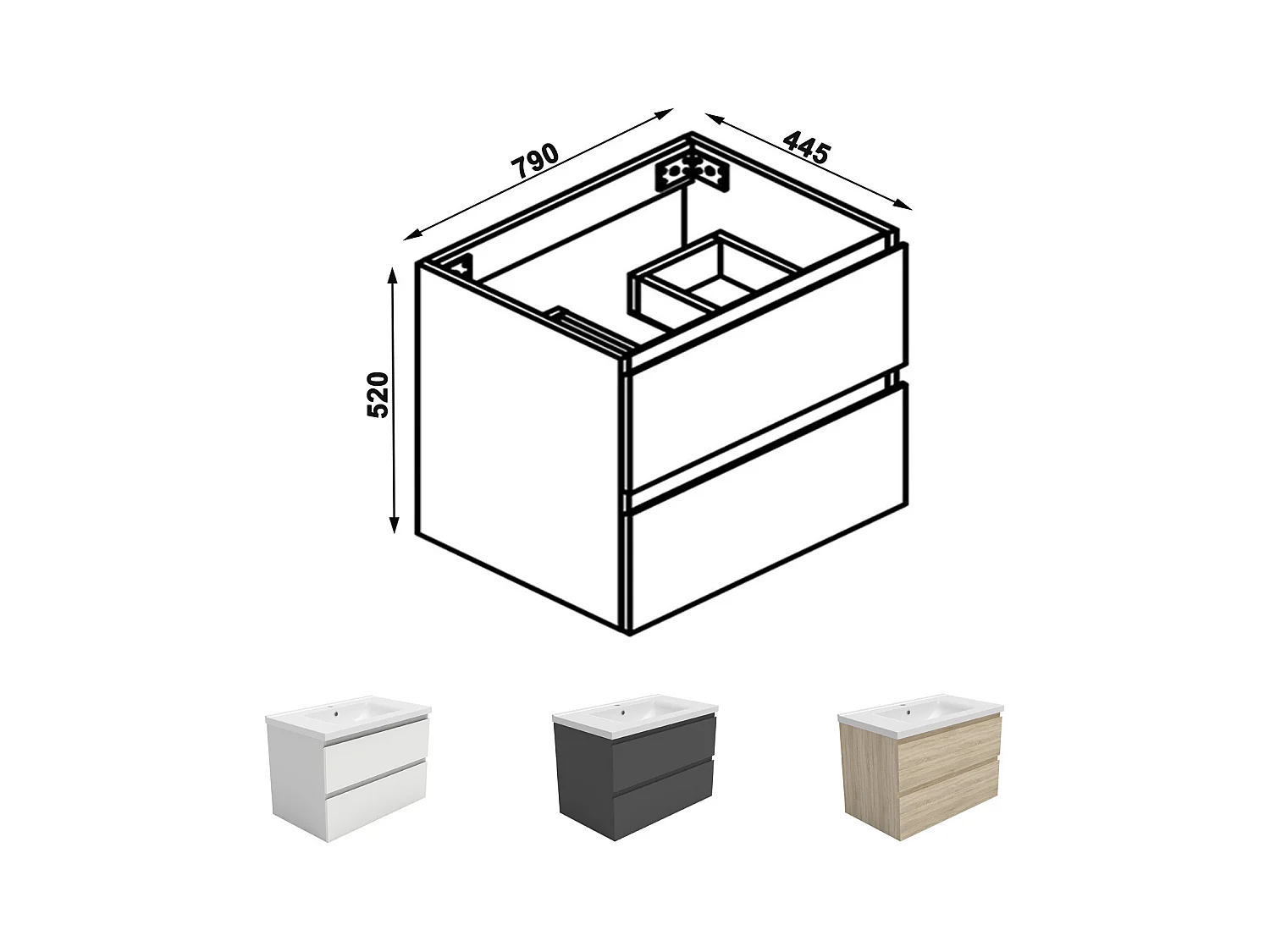 AICA Meuble Salle de Bain Blanc 80cm, suspendu avec 2 tiroirs, sans compter vasque