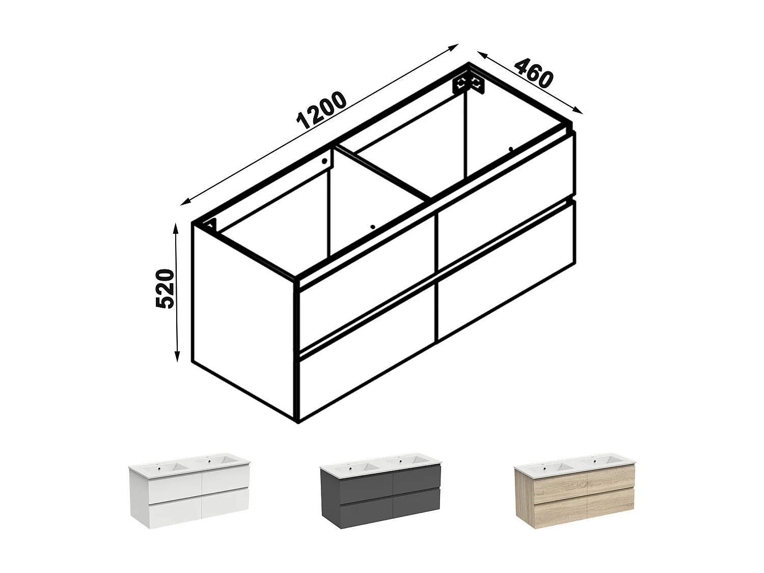 AICA Meuble Salle de Bain Chêne 120cm, suspendu avec 4 tiroirs, sans compter vasque
