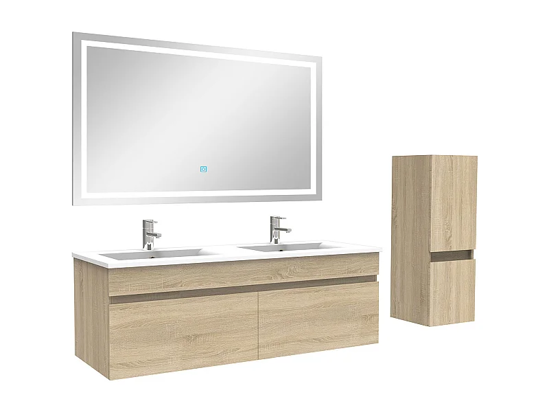 AICA Meuble Salle de Bain 120cm Chêne + vasque + miroir lumineux + colonne