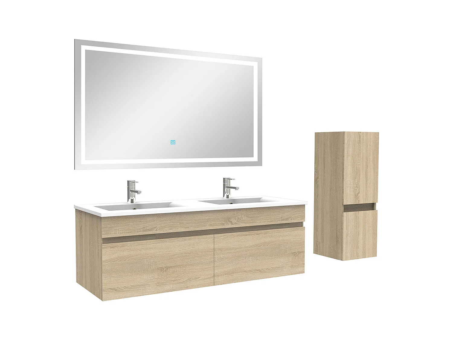 AICA Meuble Salle de Bain 120cm Chêne + vasque + miroir lumineux + colonne