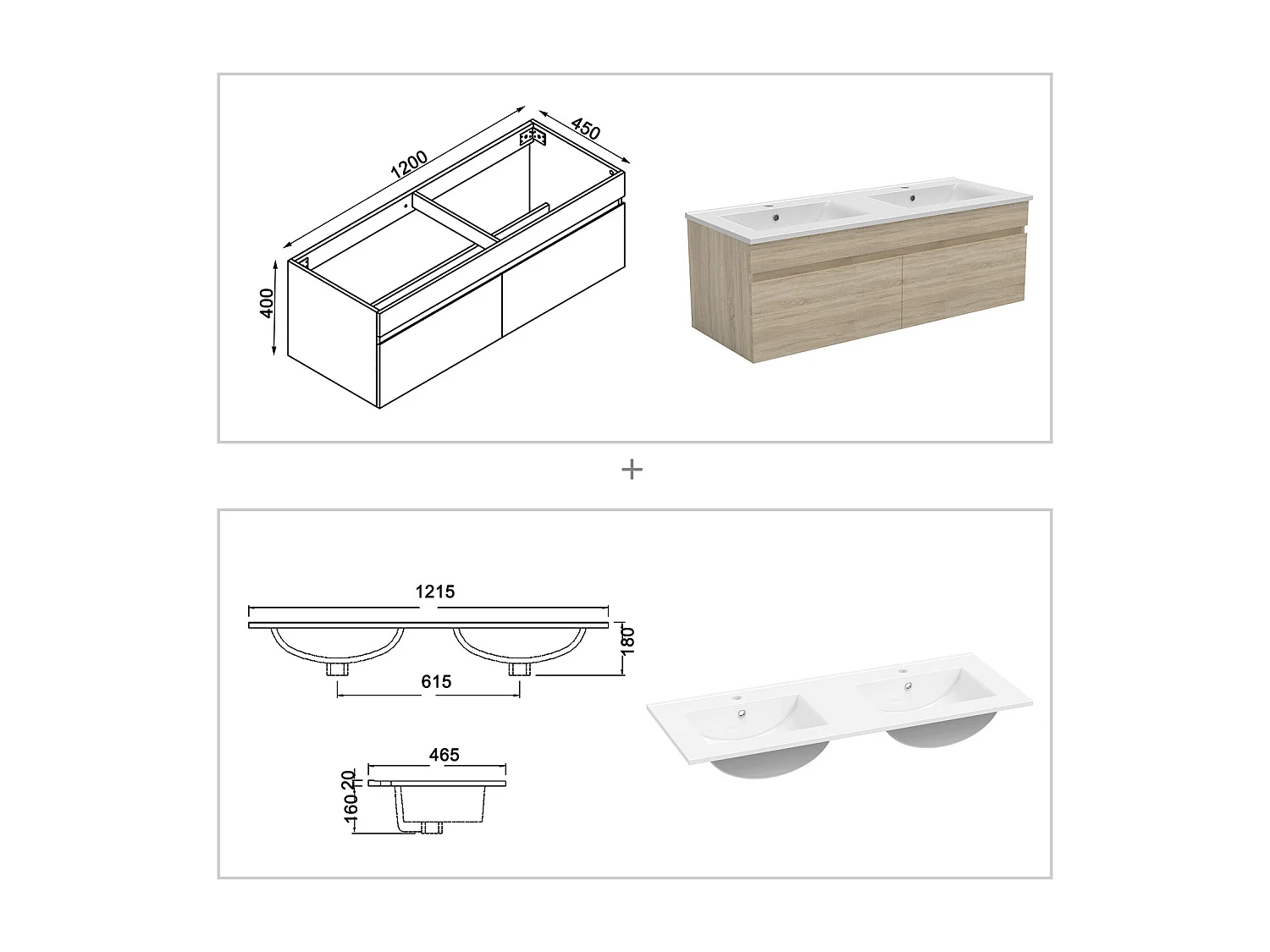 AICA Meuble Salle de Bain 120cm Chêne + vasque + miroir lumineux + colonne