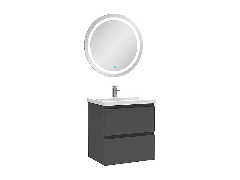 AICA Meuble Salle de Bain 50cm Anthracite simple vasque + Miroir Lumineux Rond