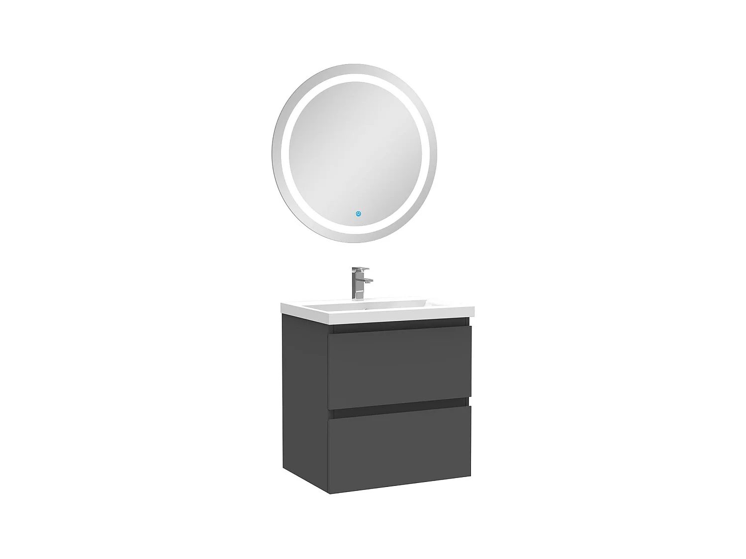 AICA Meuble Salle de Bain 50cm Anthracite simple vasque + Miroir Lumineux Rond
