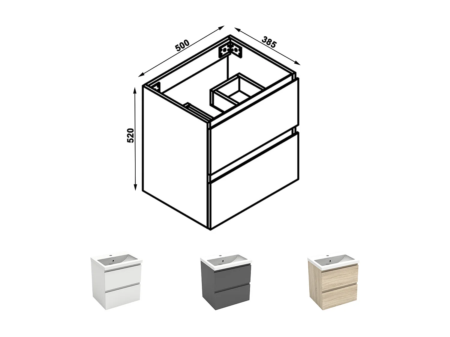 AICA Meuble Salle de Bain Chêne 50cm, suspendu avec 2 tiroirs, sans compter vasque