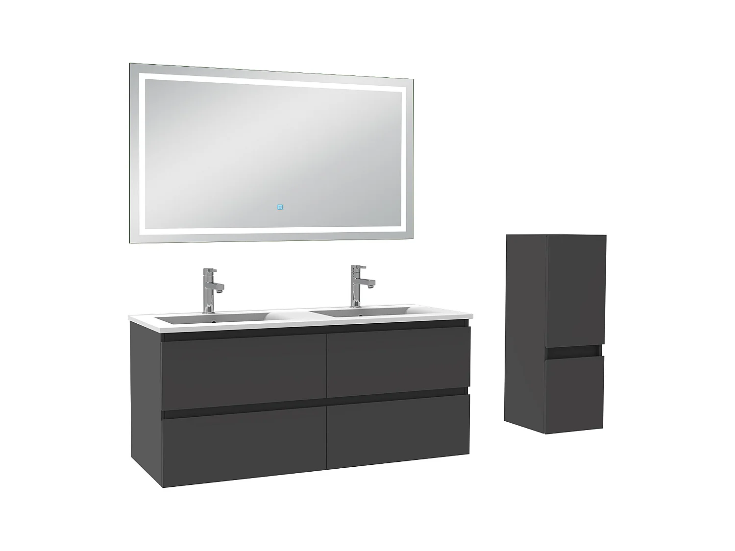AICA Meuble Salle de Bain Anthracite 120cm vasque + suspendu colonne + miroir LED