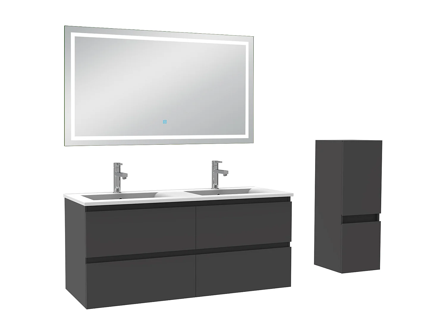 AICA Meuble Salle de Bain Anthracite 120cm vasque + suspendu colonne + miroir LED