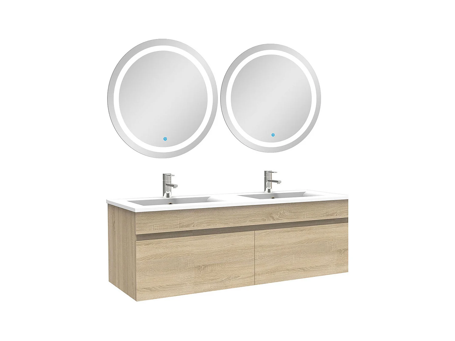 AICA Meuble Salle de Bain 120cm Chêne double vasque + Deux Miroir Lumineux Rond