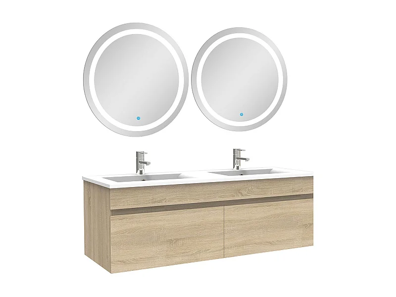 AICA Meuble Salle de Bain 120cm Chêne double vasque + Deux Miroir Lumineux Rond