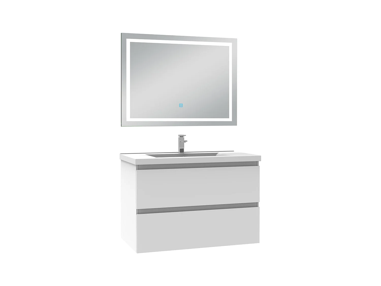 AICA Meuble Salle de Bain 80cm Blanc simple vasque + Miroir LED