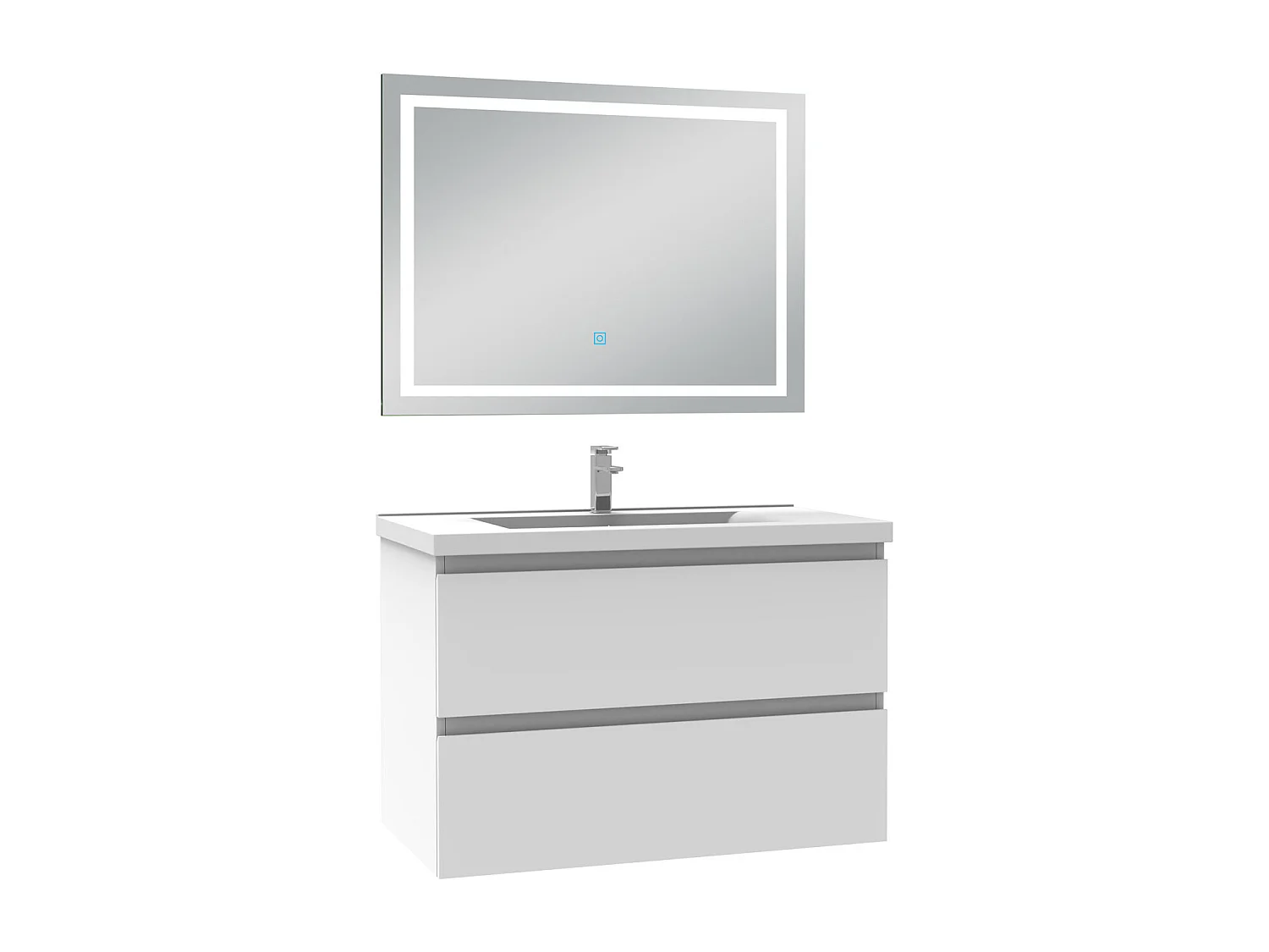 AICA Meuble Salle de Bain 80cm Blanc simple vasque + Miroir LED