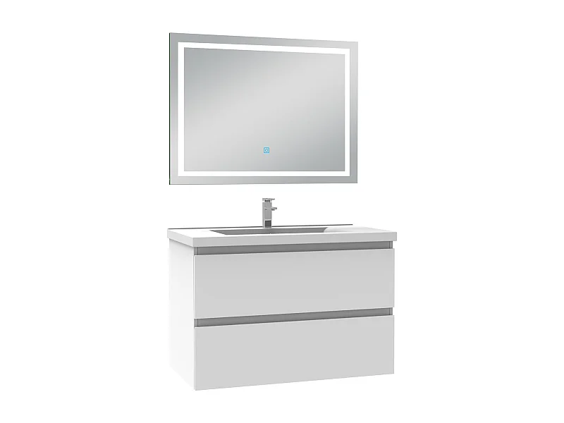 AICA Meuble Salle de Bain 80cm Blanc simple vasque + Miroir LED