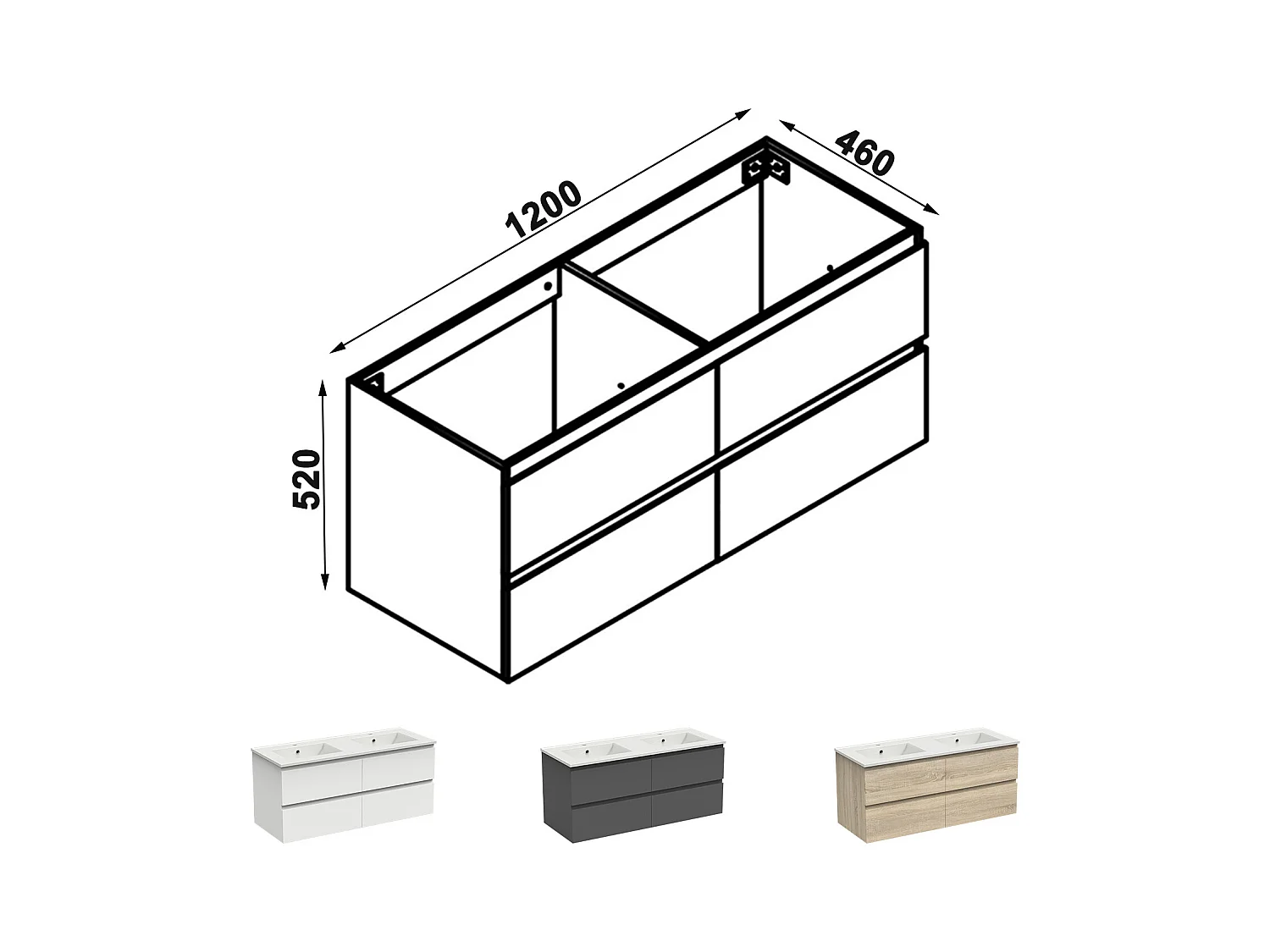 AICA Meuble Salle de Bain Anthracite 120cm, suspendu avec 4 tiroirs, sans compter vasque