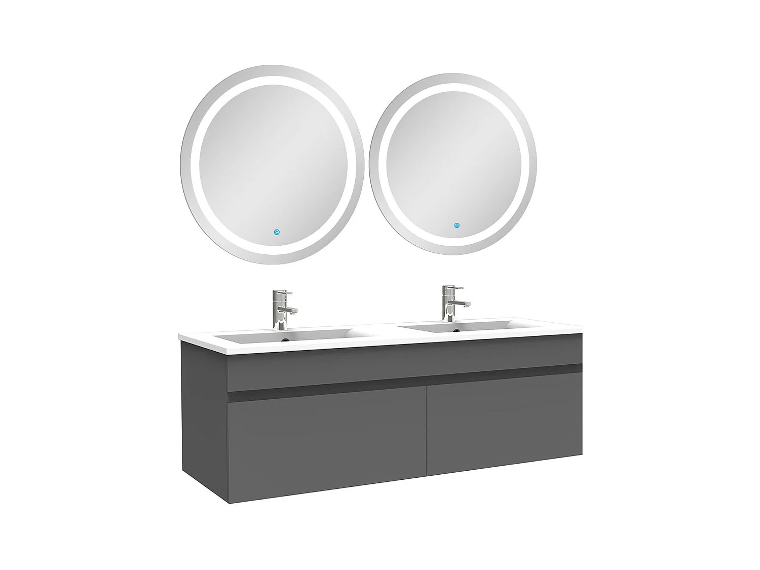 AICA Meuble Salle de Bain 120cm Anthracite double vasque + Deux Miroir Lumineux Rond