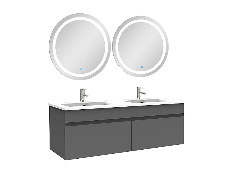 AICA Meuble Salle de Bain 120cm Anthracite double vasque + Deux Miroir Lumineux Rond