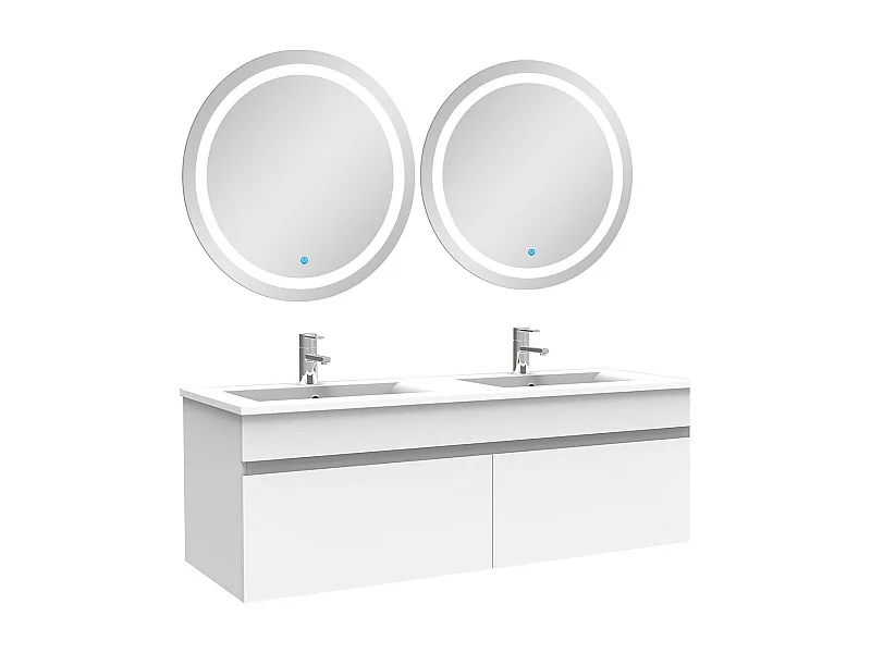 AICA Meuble Salle de Bain 120cm Blanc double vasque + Deux Miroir Lumineux Rond