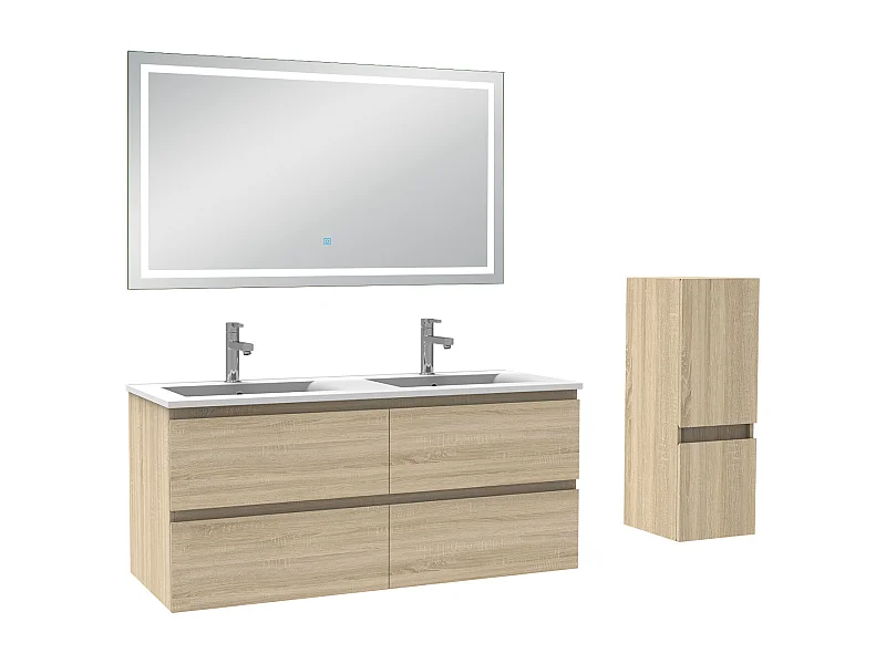 AICA Meuble Salle de Bain Chêne 120cm vasque + suspendu colonne + miroir LED