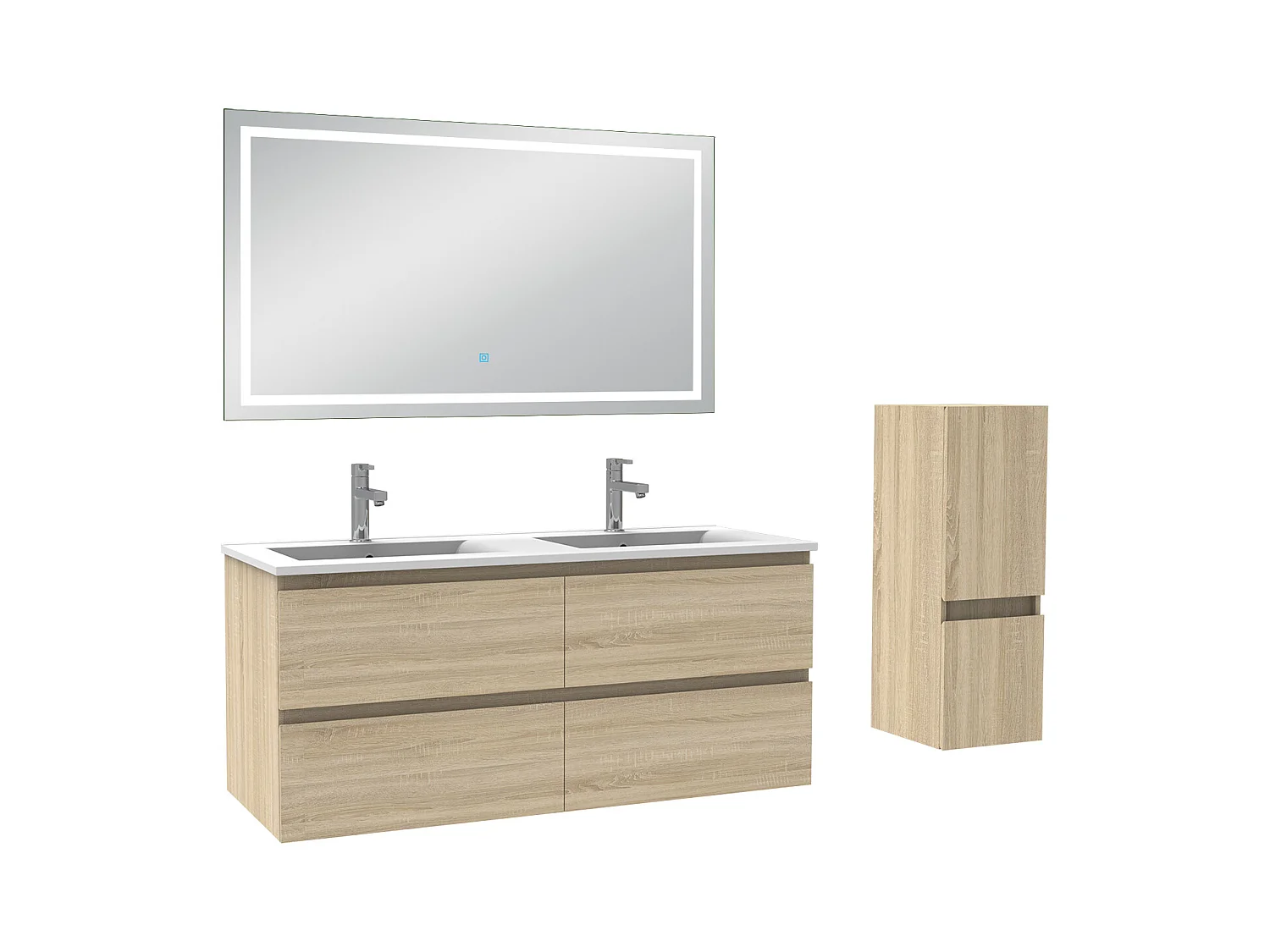 AICA Meuble Salle de Bain Chêne 120cm vasque + suspendu colonne + miroir LED