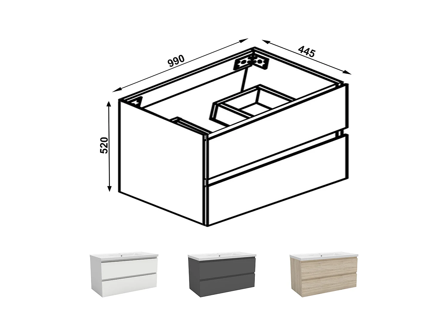 AICA Meuble Salle de Bain Blanc 100cm, suspendu avec 2 tiroirs, sans compter vasque