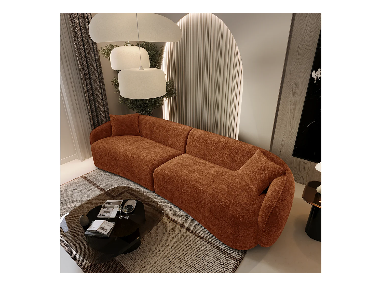 Canapé 4 places velours gaufré terracotta CELINE