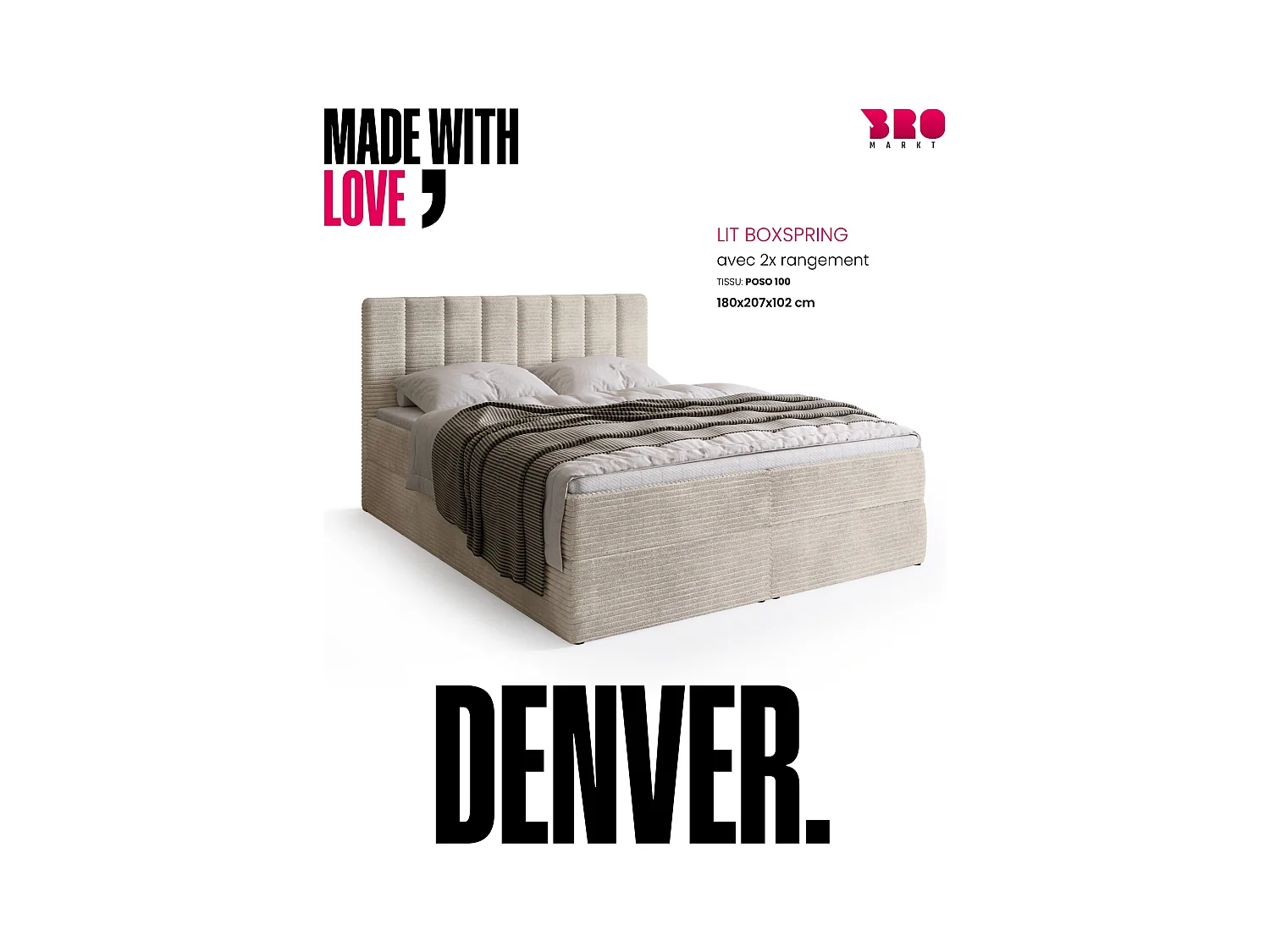 Lit boxspring avec rangement DENVER - matelas - surmatelas - vanille - velours côtelé - 180x200 cm