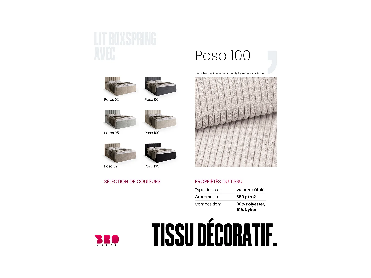 Lit boxspring avec rangement DENVER - matelas - surmatelas - vanille - velours côtelé - 180x200 cm