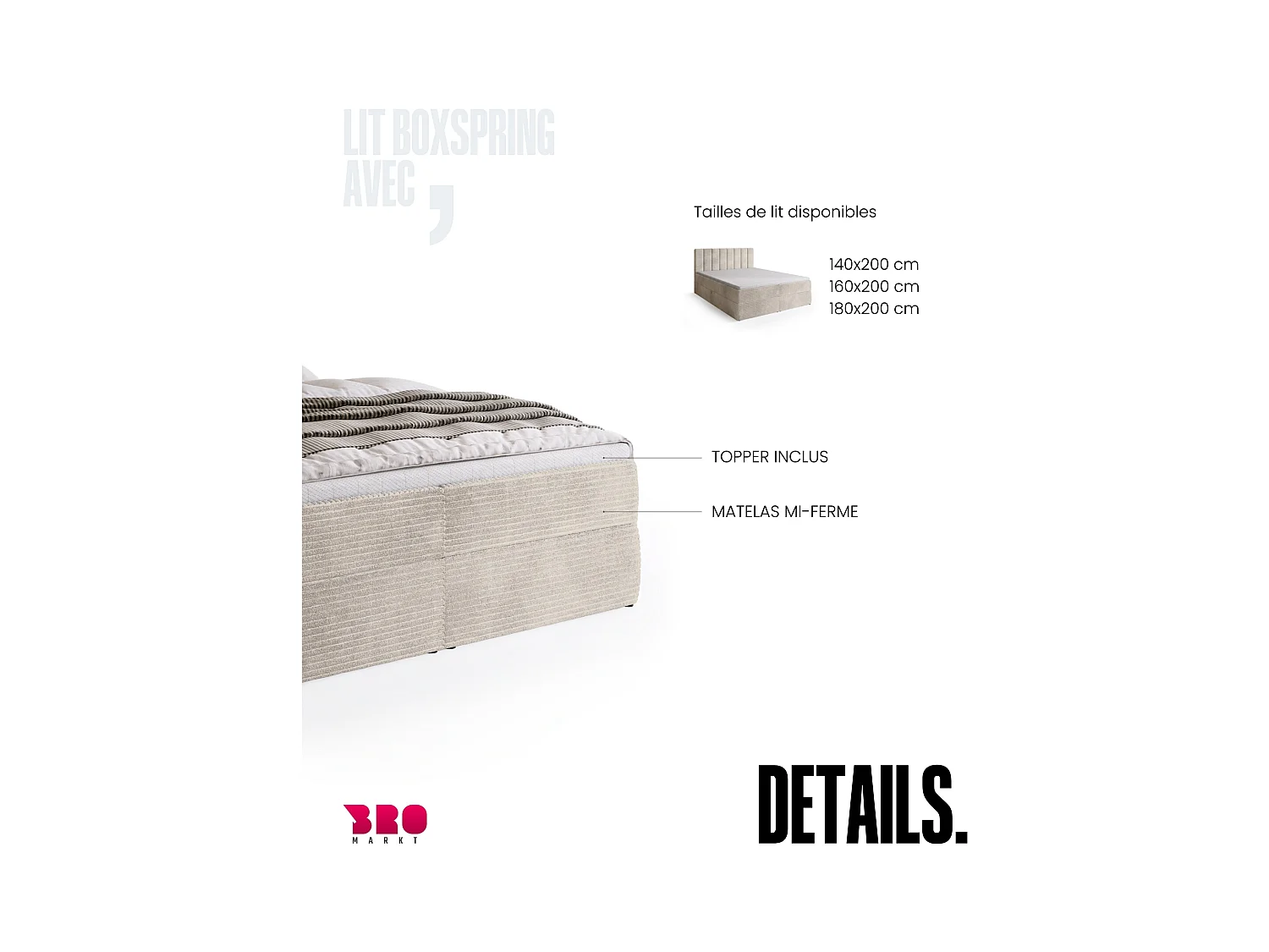 Lit boxspring avec rangement DENVER - matelas - surmatelas - vanille - velours côtelé - 180x200 cm