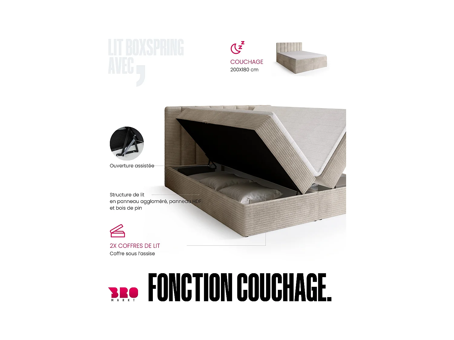 Lit boxspring avec rangement DENVER - matelas - surmatelas - vanille - velours côtelé - 180x200 cm