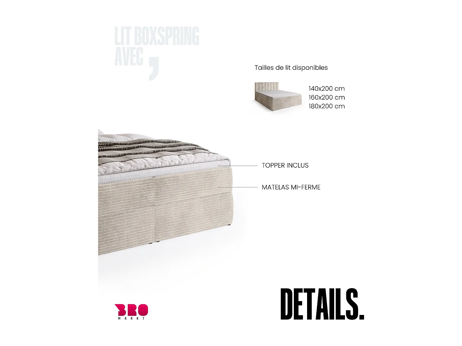 Lit boxspring avec rangement DENVER - matelas - surmatelas - vanille - velours côtelé - 180x200 cm