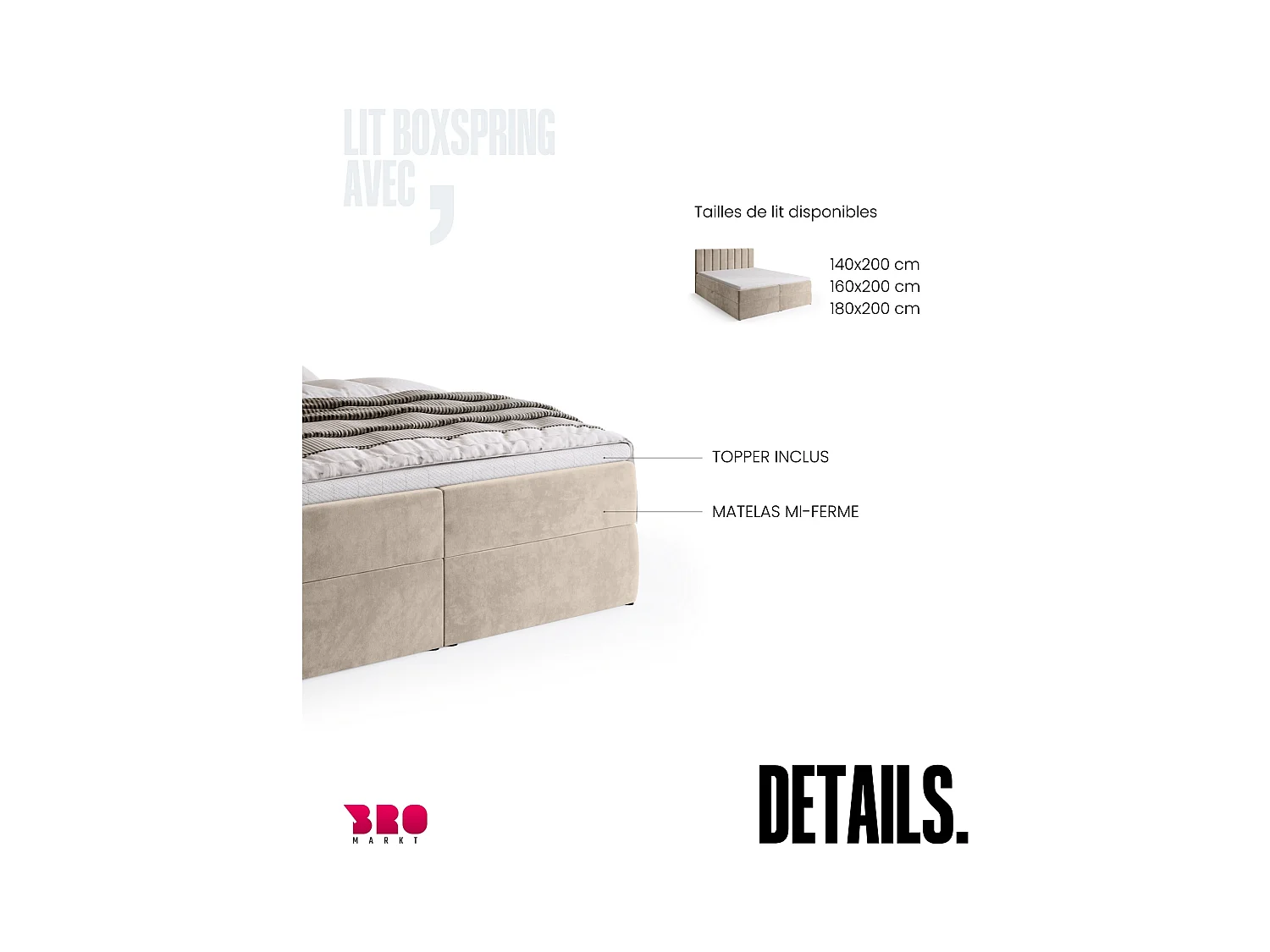 Lit boxspring avec rangement DENVER - matelas - surmatelas - beige - 180x200 cm