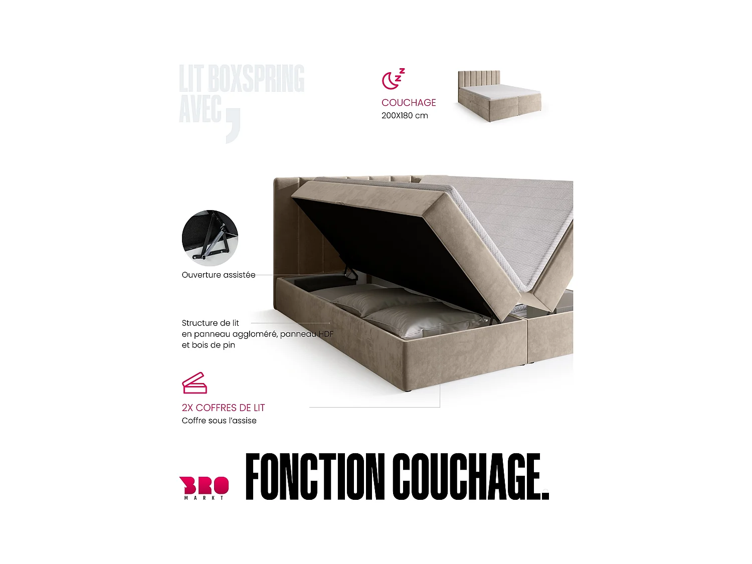 Lit boxspring avec rangement DENVER - matelas - surmatelas - beige - 180x200 cm