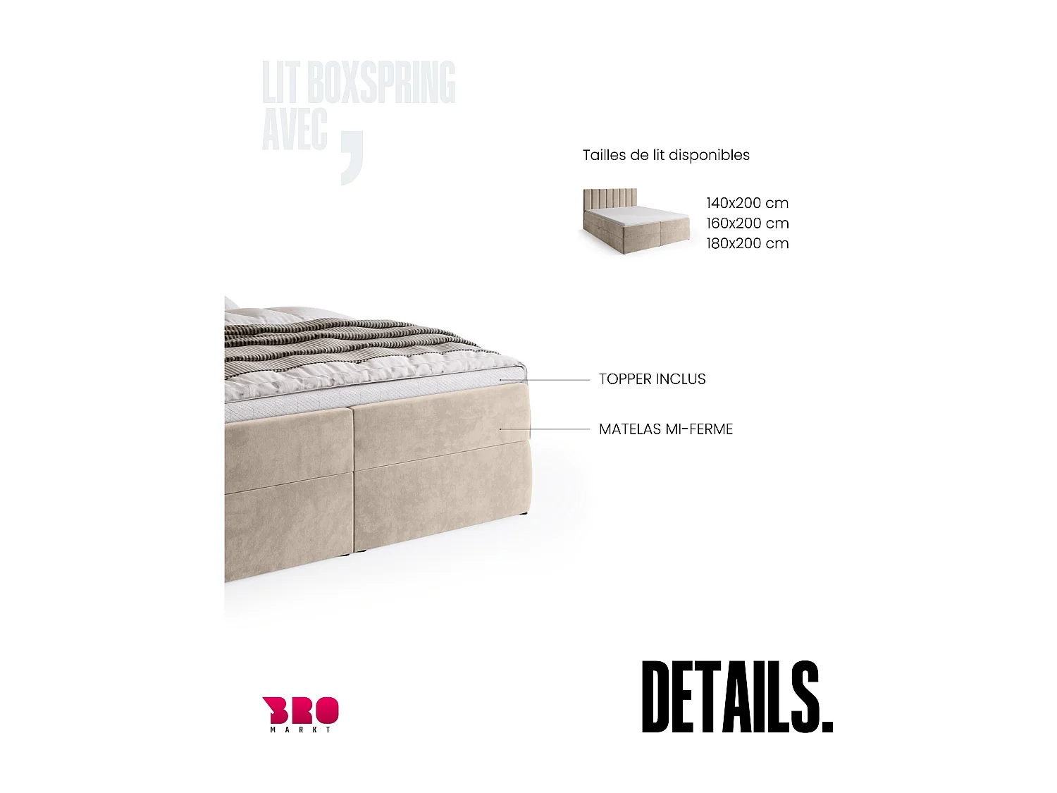 Lit boxspring avec rangement DENVER - matelas - surmatelas - beige - 180x200 cm