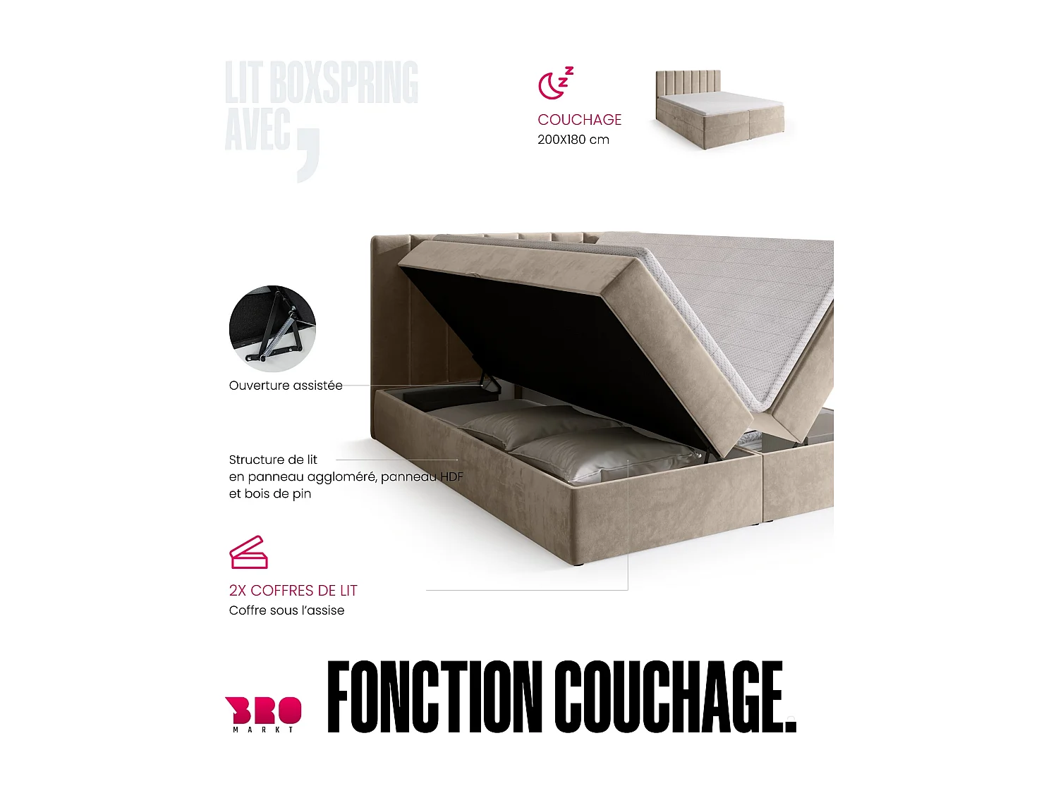 Lit boxspring avec rangement DENVER - matelas - surmatelas - beige - 180x200 cm