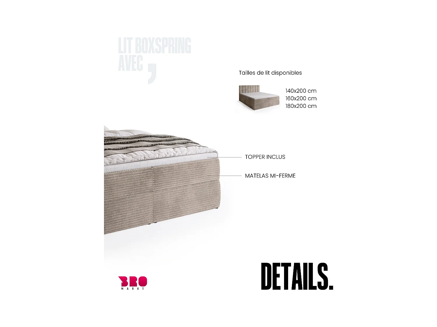 Lit boxspring avec rangement DENVER - matelas - surmatelas - beige - velours côtelé - 160x200 cm