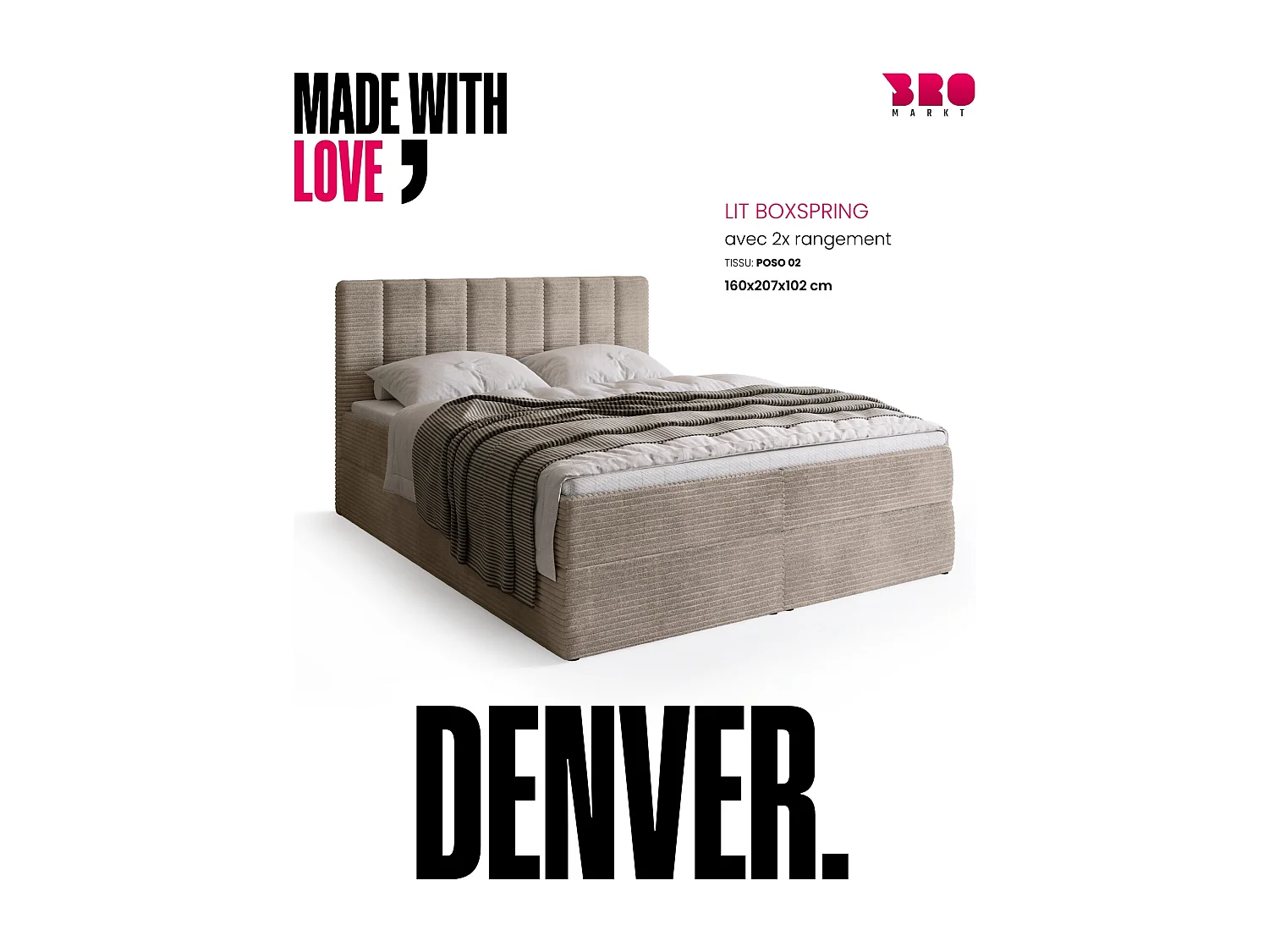 Lit boxspring avec rangement DENVER - matelas - surmatelas - beige - velours côtelé - 160x200 cm