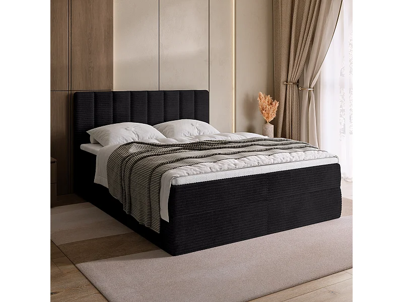 Lit boxspring avec rangement DENVER - matelas - surmatelas - noir - velours côtelé - 160x200 cm