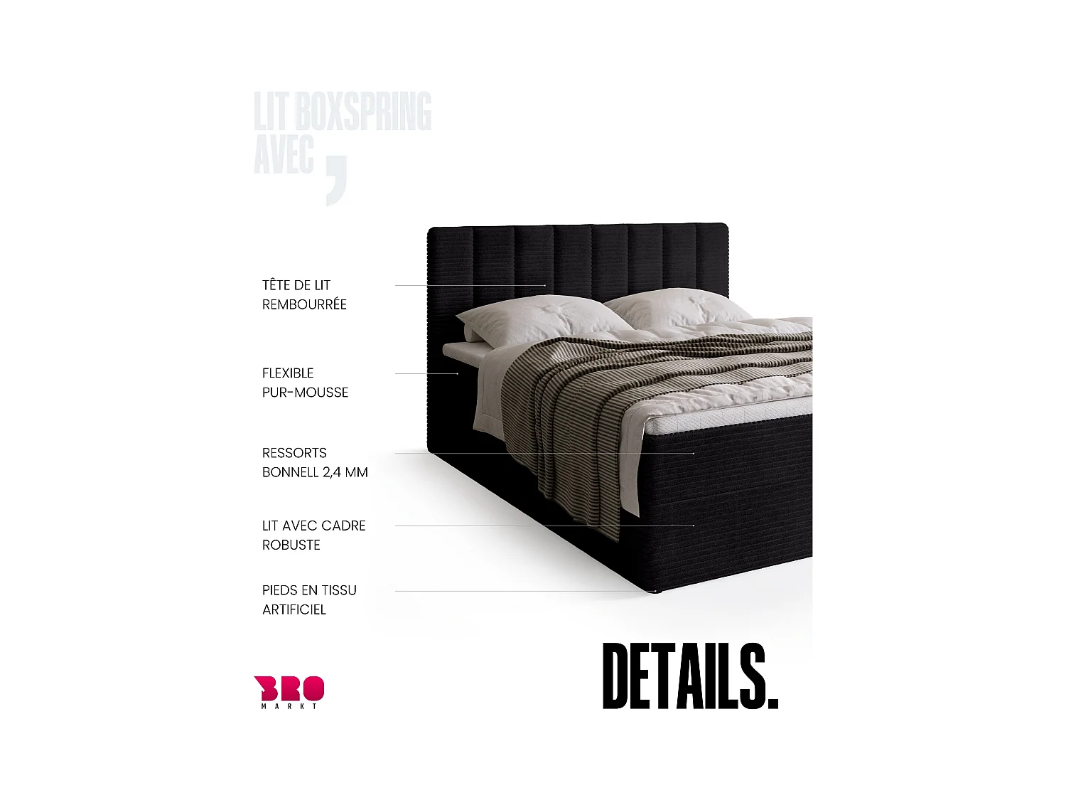 Lit boxspring avec rangement DENVER - matelas - surmatelas - noir - velours côtelé - 160x200 cm